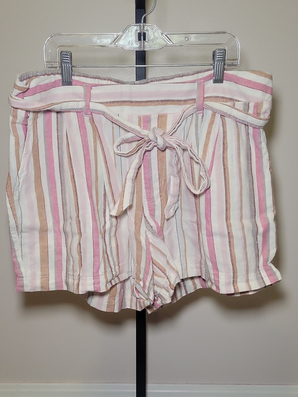 Maurices Pink, Cream & Tan Striped Paperbag Waist Shorts